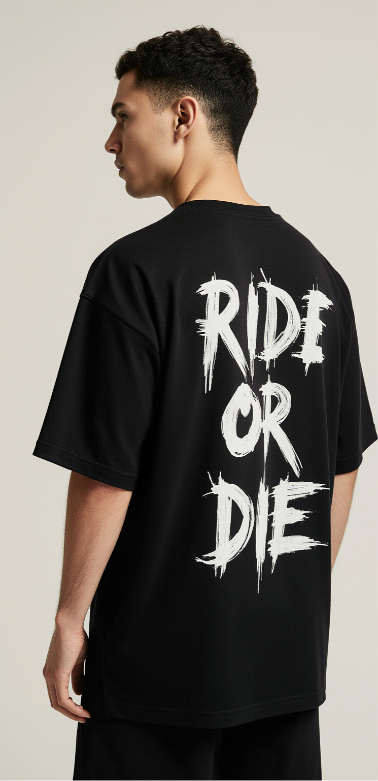 Ride or Die Oversized T-Shirt | Black Biker Streetwear Tee with Grim Reaper Motorcycle & Flames Graphic