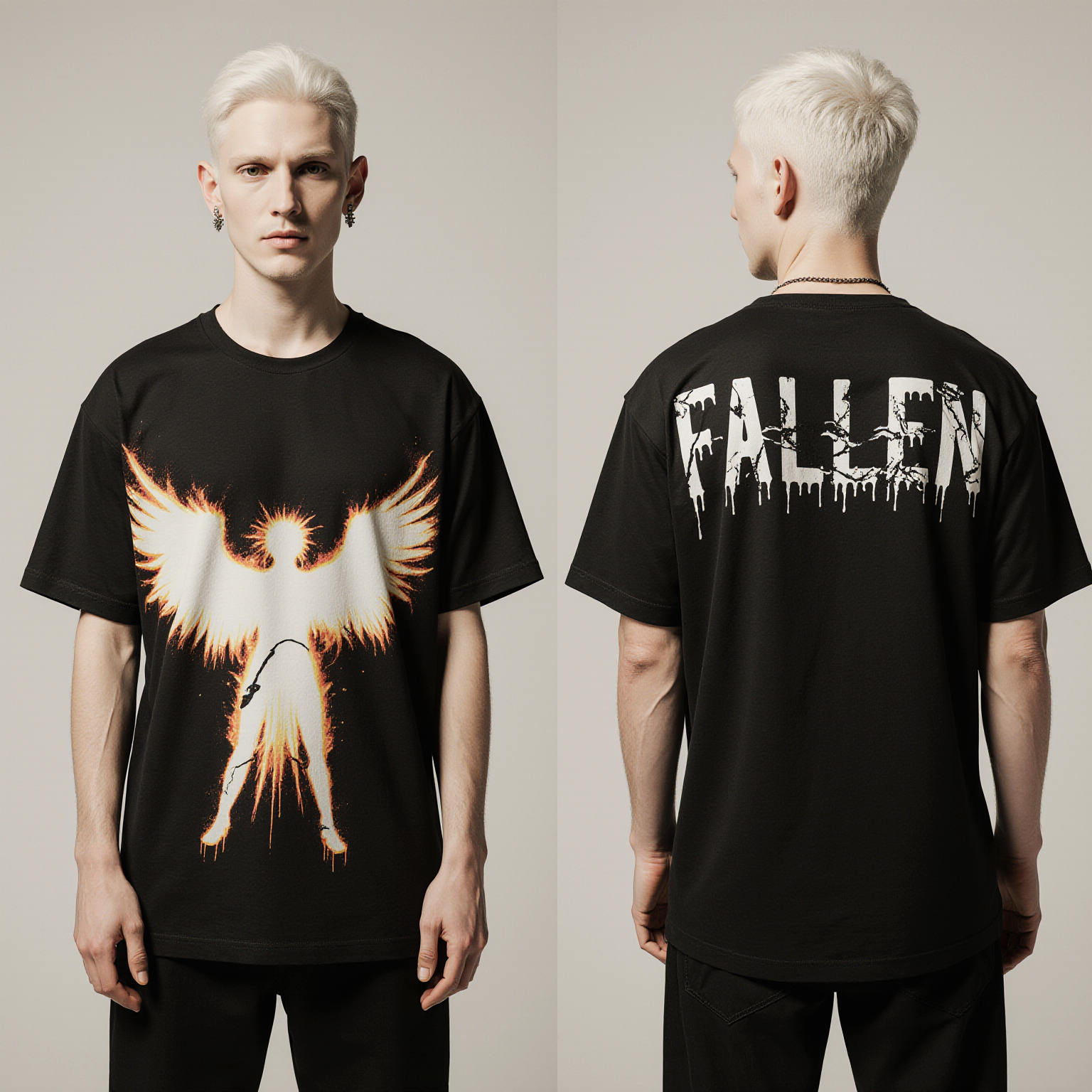 Men’s Oversized Black T-Shirt – “FALLEN” Angel Graphic Gothic Streetwear