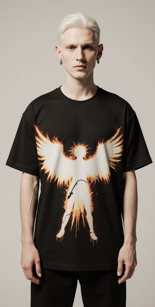 Men’s Oversized Black T-Shirt – “FALLEN” Angel Graphic Gothic Streetwear