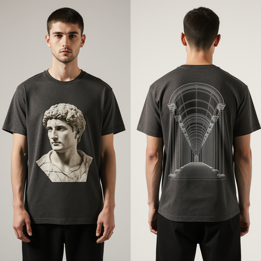 Greek Statue Graphic T-Shirt | Oversized Dark Grey Streetwear Tee with Ancient Roman Bust & Architectural Back Print