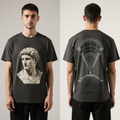 Greek Statue Graphic T-Shirt | Oversized Dark Grey Streetwear Tee with Ancient Roman Bust & Architectural Back Print