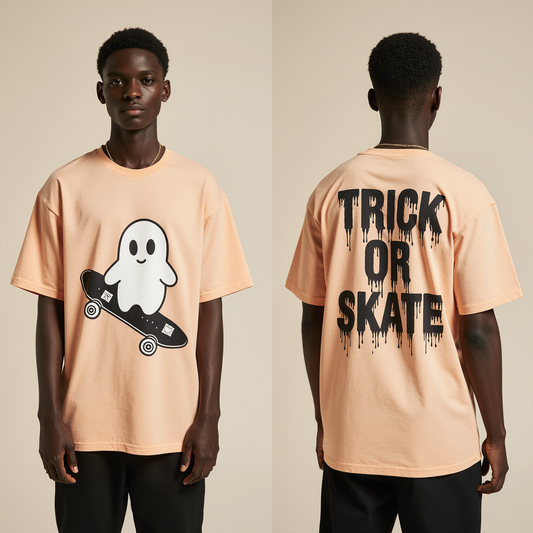 Trick or Skate Halloween T-Shirt | Oversized Streetwear Tee with Ghost Skateboard Graphic | Peach Unisex Cotton Top