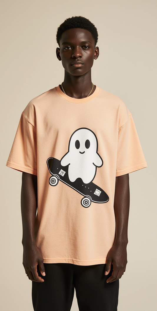 Trick or Skate Halloween T-Shirt | Oversized Streetwear Tee with Ghost Skateboard Graphic | Peach Unisex Cotton Top