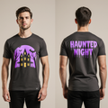 Haunted Night Halloween T-Shirt | Black Graphic Tee with Spooky Haunted House & Purple Print | Unisex Slim Fit