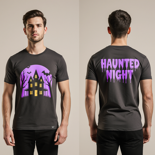 Haunted Night Halloween T-Shirt | Black Graphic Tee with Spooky Haunted House & Purple Print | Unisex Slim Fit