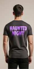 Haunted Night Halloween T-Shirt | Black Graphic Tee with Spooky Haunted House & Purple Print | Unisex Slim Fit