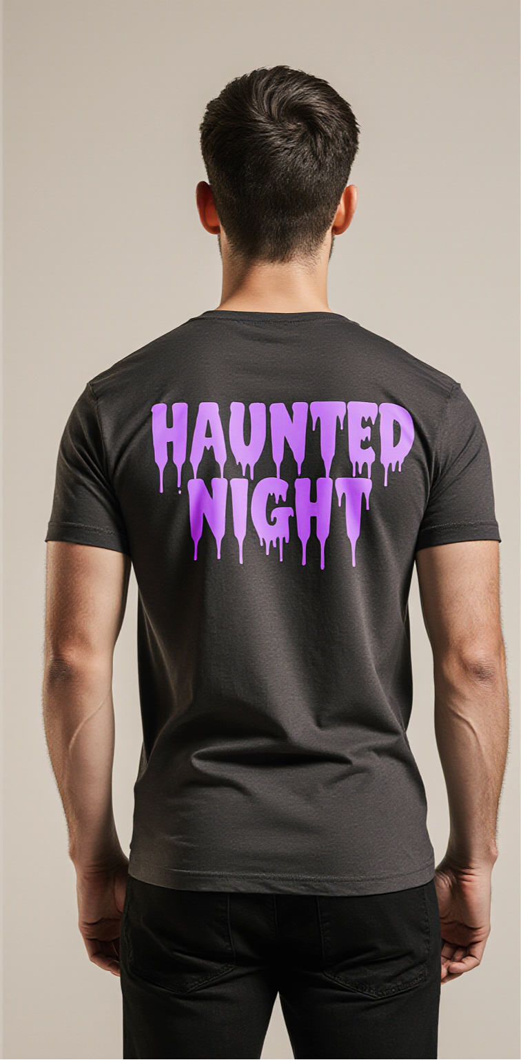 Haunted Night Halloween T-Shirt | Black Graphic Tee with Spooky Haunted House & Purple Print | Unisex Slim Fit