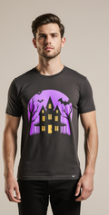 Haunted Night Halloween T-Shirt | Black Graphic Tee with Spooky Haunted House & Purple Print | Unisex Slim Fit