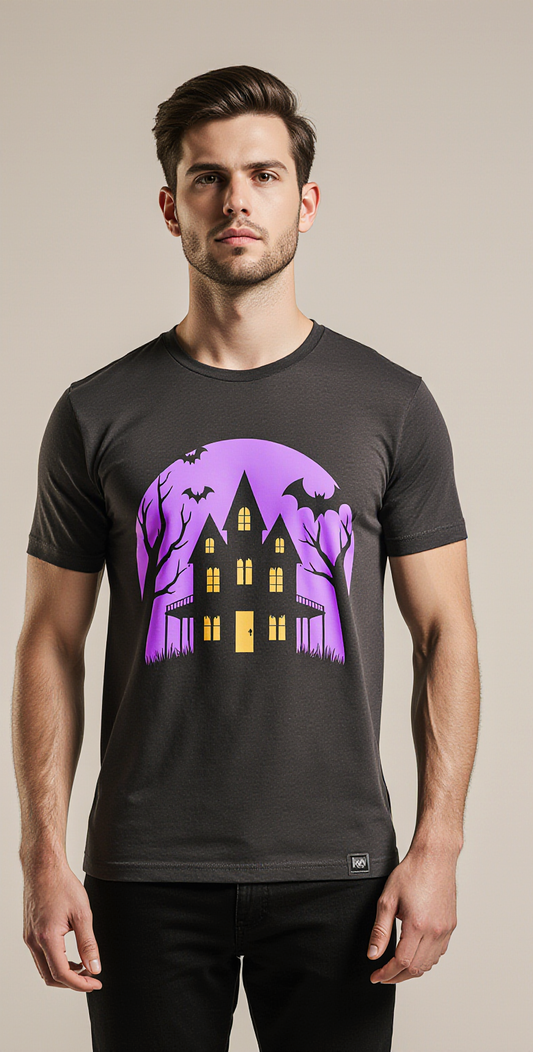 Haunted Night Halloween T-Shirt | Black Graphic Tee with Spooky Haunted House & Purple Print | Unisex Slim Fit