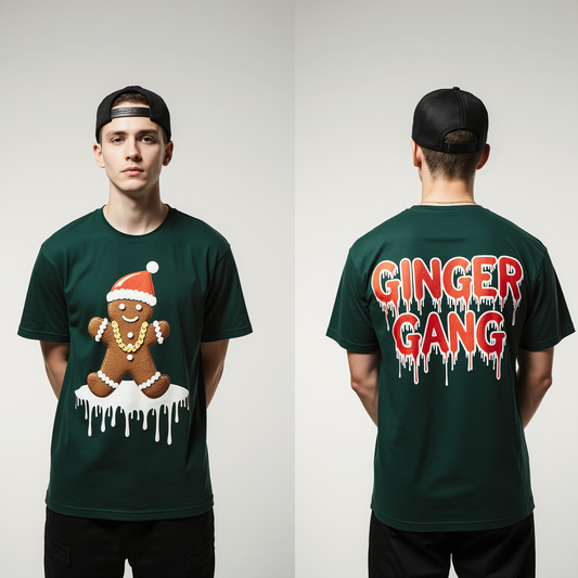 Oversized Gingerbread Christmas T-Shirt – Dark Green Streetwear Tee | Ginger Gang Holiday Graphic