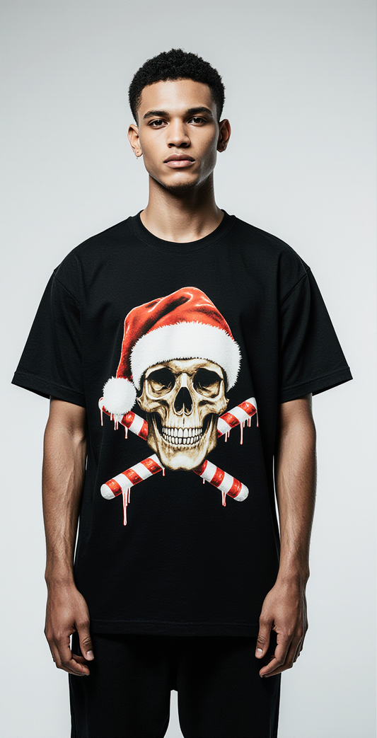 Oversized Deadly Christmas T-Shirt – Black Gothic Streetwear Tee | Skull Santa Holiday Graphic