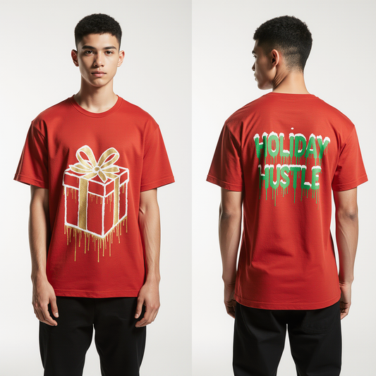 Oversized Holiday Hustle Christmas T-Shirt – Red Graphic Streetwear Tee | Urban Xmas Fashion