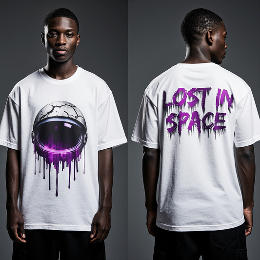 Oversized Lost in Space Astronaut T-Shirt – White Streetwear Tee with Purple Galaxy Graphic