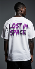 Oversized Lost in Space Astronaut T-Shirt – White Streetwear Tee with Purple Galaxy Graphic