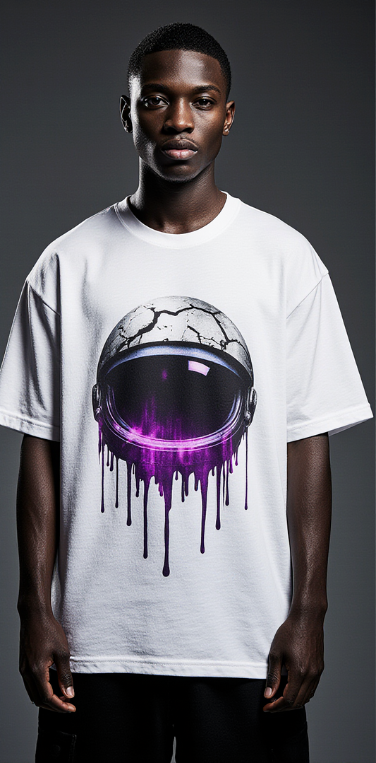 Oversized Lost in Space Astronaut T-Shirt – White Streetwear Tee with Purple Galaxy Graphic