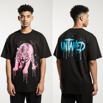 Untamed Tiger Oversized T-Shirt | Black Streetwear Graphic Tee | Bold Neon Pink Tiger Print & Blue Back Text Unisex Top
