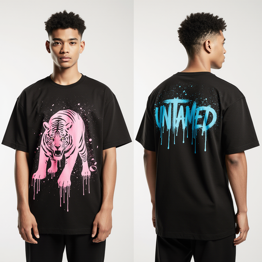 Untamed Tiger Oversized T-Shirt | Black Streetwear Graphic Tee | Bold Neon Pink Tiger Print & Blue Back Text Unisex Top