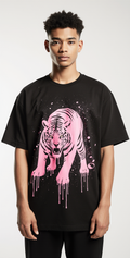 Untamed Tiger Oversized T-Shirt | Black Streetwear Graphic Tee | Bold Neon Pink Tiger Print & Blue Back Text Unisex Top