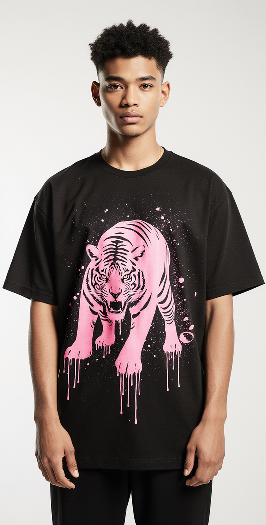 Untamed Tiger Oversized T-Shirt | Black Streetwear Graphic Tee | Bold Neon Pink Tiger Print & Blue Back Text Unisex Top
