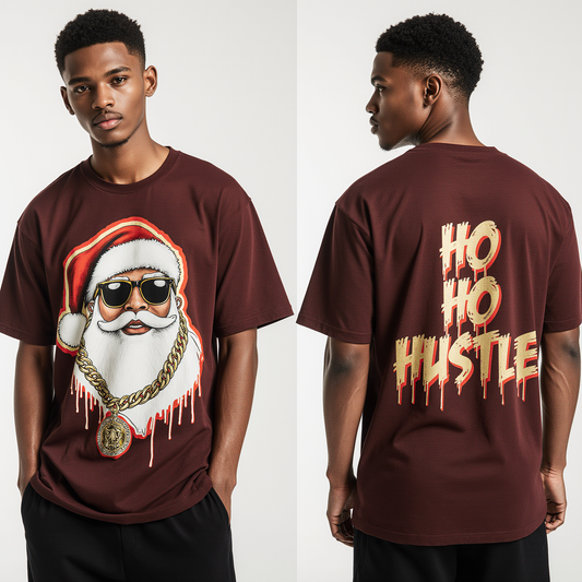 Oversized Santa Graphic T-Shirt – Ho Ho Hustle Christmas Streetwear Tee | Holiday Urban Fashion