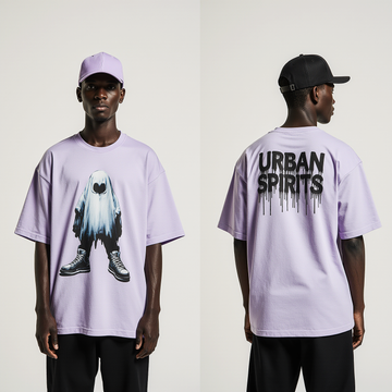 Urban Spirits T-Shirt | Oversized Purple Streetwear Ghost Graphic Tee | Unisex Halloween & Casual Fashion Top