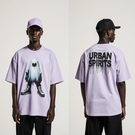 Urban Spirits T-Shirt | Oversized Purple Streetwear Ghost Graphic Tee | Unisex Halloween & Casual Fashion Top