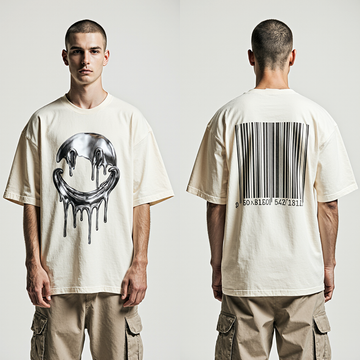 Oversized Cream Streetwear T-Shirt – Chrome Dripping Smiley & Barcode Graphic | Unisex Urban Fashion
