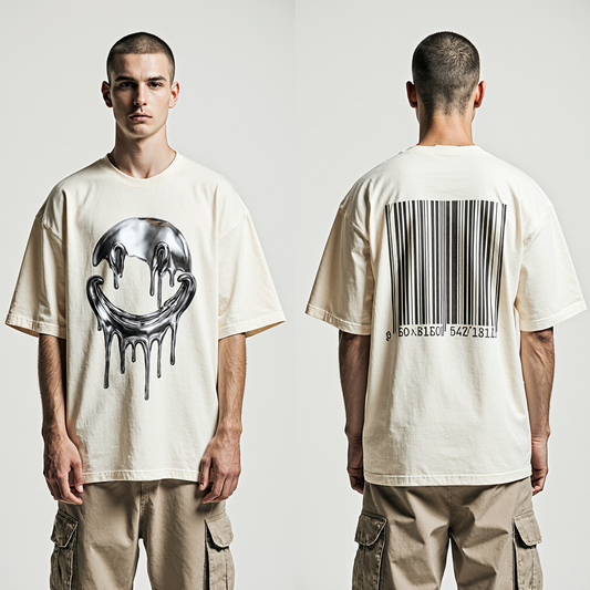 Oversized Cream Streetwear T-Shirt – Chrome Dripping Smiley & Barcode Graphic | Unisex Urban Fashion
