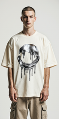 Oversized Cream Streetwear T-Shirt – Chrome Dripping Smiley & Barcode Graphic | Unisex Urban Fashion