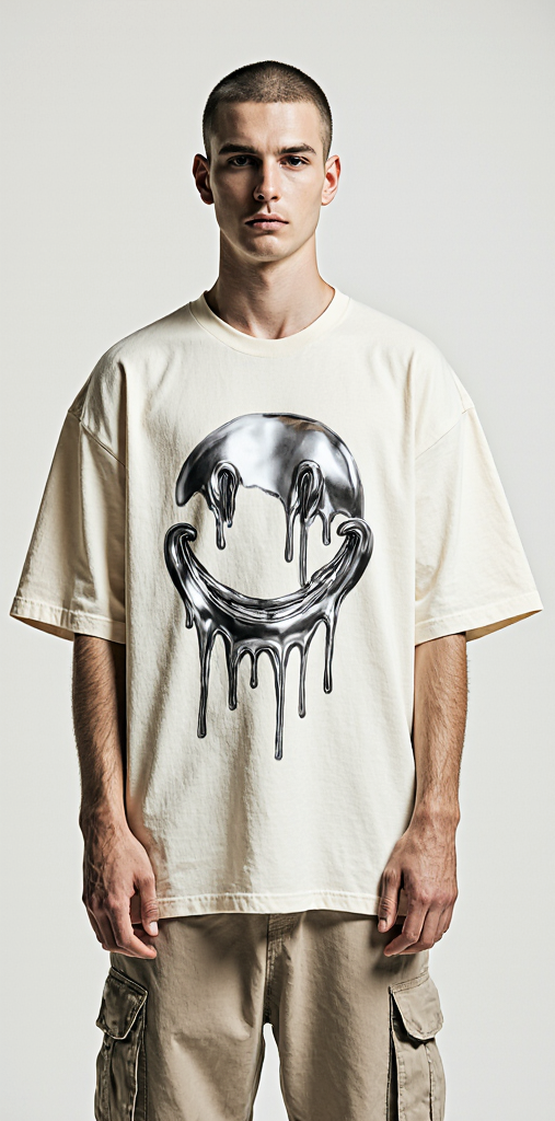 Oversized Cream Streetwear T-Shirt – Chrome Dripping Smiley & Barcode Graphic | Unisex Urban Fashion