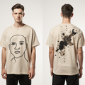 Oversized Beige Abstract Face T-Shirt – Artistic Line Art & Paint Splatter Back | Unisex Streetwear