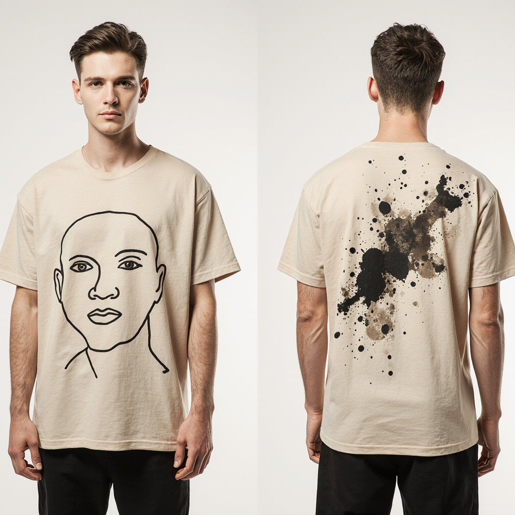 Oversized Beige Abstract Face T-Shirt – Artistic Line Art & Paint Splatter Back | Unisex Streetwear