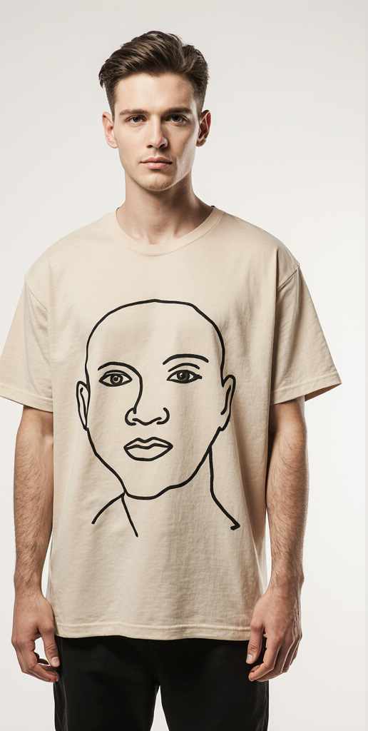 Oversized Beige Abstract Face T-Shirt – Artistic Line Art & Paint Splatter Back | Unisex Streetwear