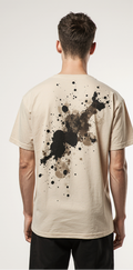 Oversized Beige Abstract Face T-Shirt – Artistic Line Art & Paint Splatter Back | Unisex Streetwear
