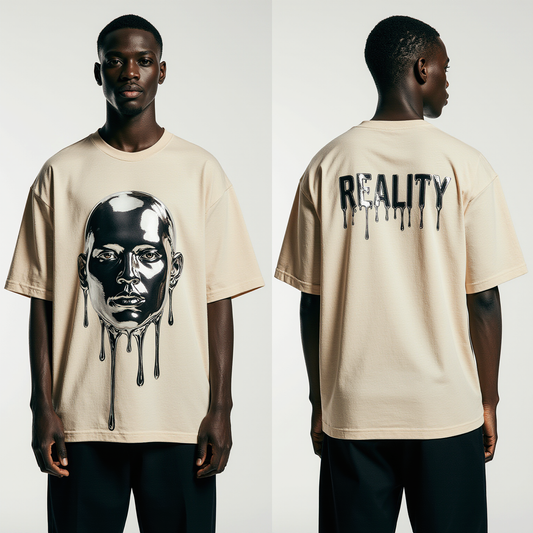 Oversized Reality Graphic T-Shirt | Dripping Metallic Face Streetwear Tee | Trendy Urban Fashion for Men & Women