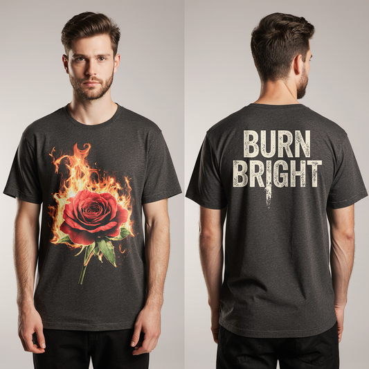 Burn Bright Graphic T-Shirt – Black Rose on Fire Print & Bold Back Text | Unisex Streetwear