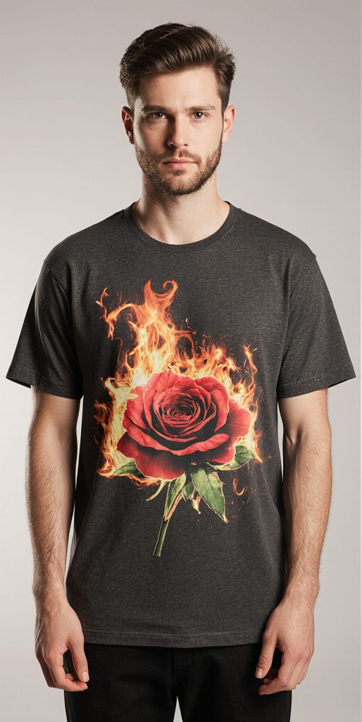 Burn Bright Graphic T-Shirt – Black Rose on Fire Print & Bold Back Text | Unisex Streetwear