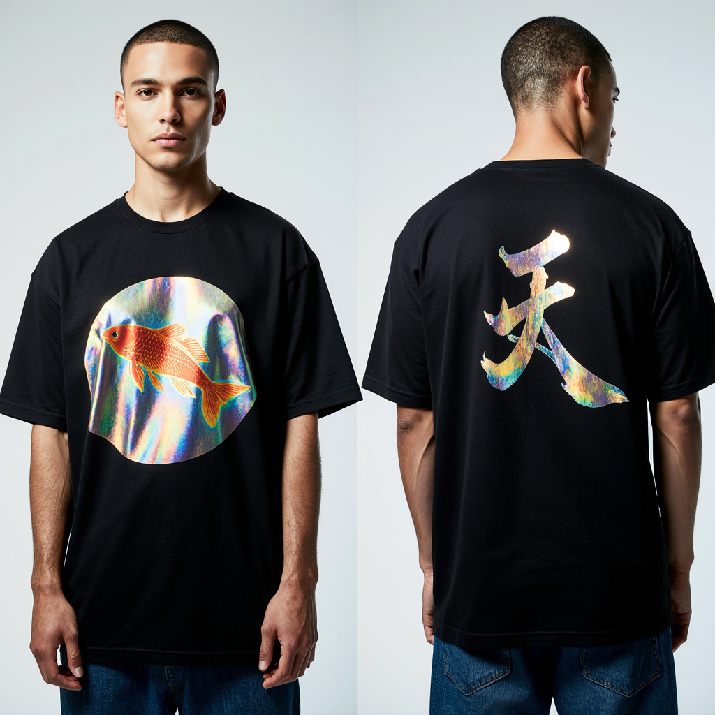 Holographic Koi Fish T-Shirt – Black Streetwear Tee with Iridescent Japanese Kanji Back Print | Unisex