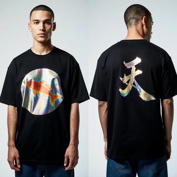 Holographic Koi Fish T-Shirt – Black Streetwear Tee with Iridescent Japanese Kanji Back Print | Unisex