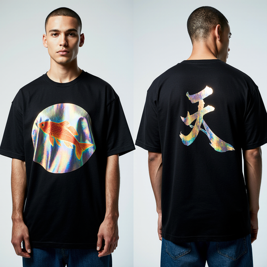 Holographic Koi Fish T-Shirt – Black Streetwear Tee with Iridescent Japanese Kanji Back Print | Unisex