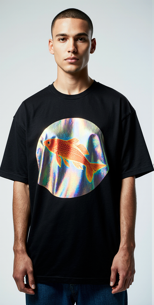 Holographic Koi Fish T-Shirt – Black Streetwear Tee with Iridescent Japanese Kanji Back Print | Unisex