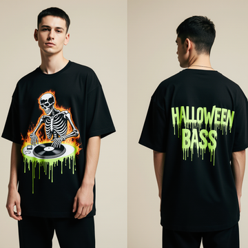 DJ Skeleton Halloween T-Shirt | Oversized Streetwear Graphic Tee | Spooky Party “Halloween Bass” Shirt for Men & Women