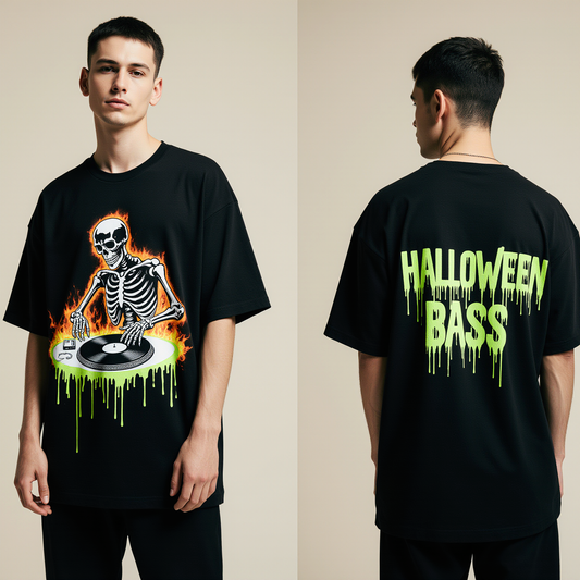 DJ Skeleton Halloween T-Shirt | Oversized Streetwear Graphic Tee | Spooky Party “Halloween Bass” Shirt for Men & Women