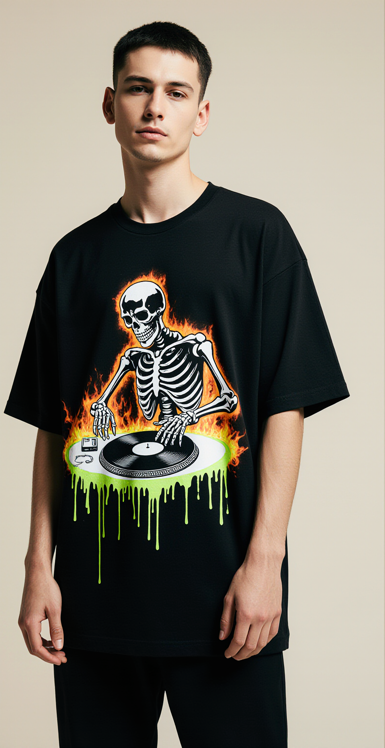 DJ Skeleton Halloween T-Shirt | Oversized Streetwear Graphic Tee | Spooky Party “Halloween Bass” Shirt for Men & Women