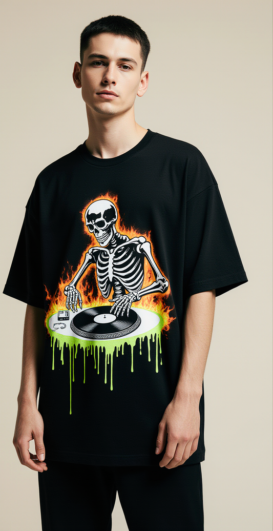 DJ Skeleton Halloween T-Shirt | Oversized Streetwear Graphic Tee | Spooky Party “Halloween Bass” Shirt for Men & Women