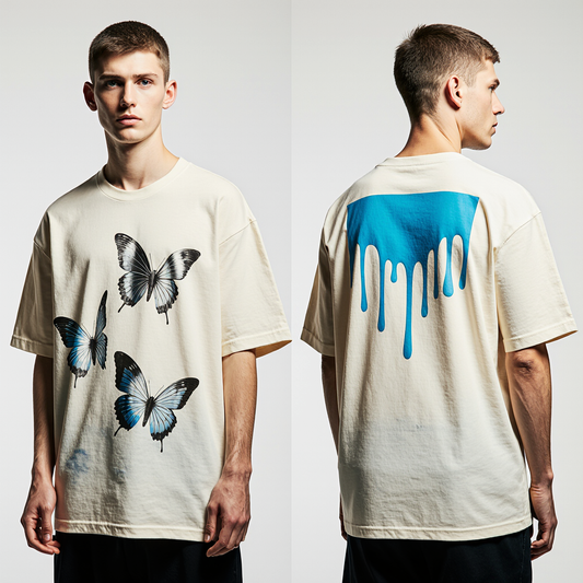 Blue Monarch Oversized Graphic T-Shirt – Butterfly Front Print & Dripping Paint Back | Unisex Streetwear
