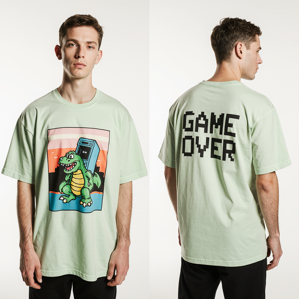Retro Gamer Oversized T-Shirt – Arcade Dinosaur Graphic & "Game Over" Back Print | Unisex Streetwear