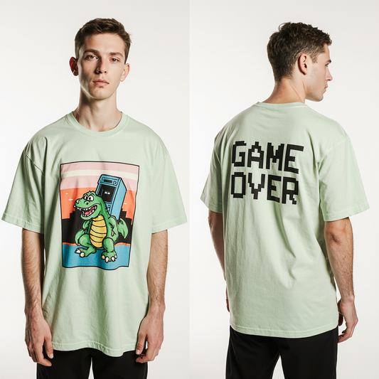 Retro Gamer Oversized T-Shirt – Arcade Dinosaur Graphic & "Game Over" Back Print | Unisex Streetwear