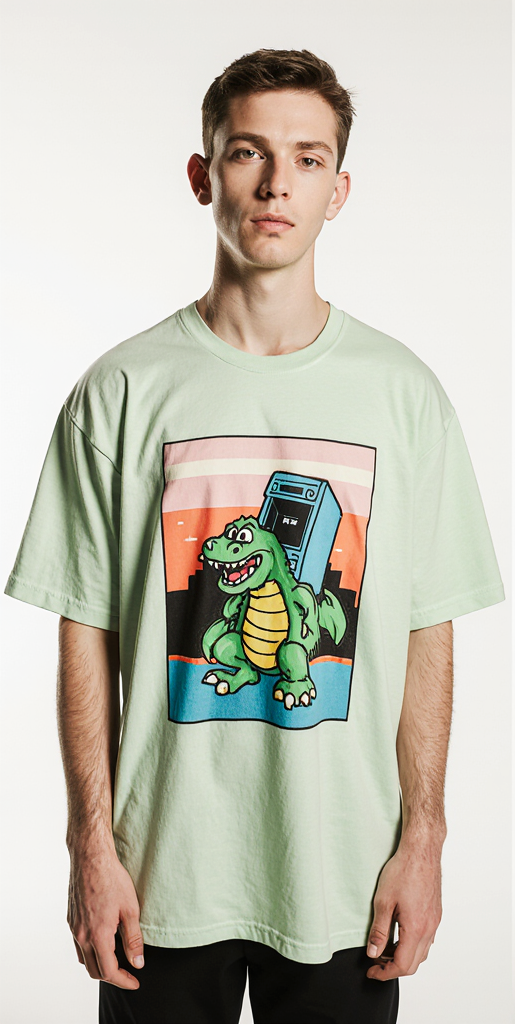 Retro Gamer Oversized T-Shirt – Arcade Dinosaur Graphic & "Game Over" Back Print | Unisex Streetwear