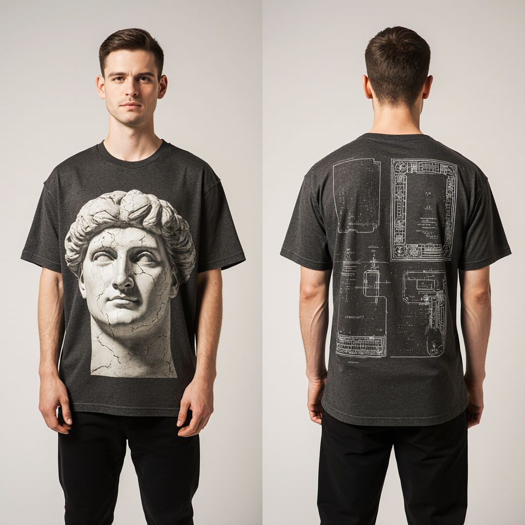 Ancient Sculpture Oversized T-Shirt – Greek Statue Front & Architectural Blueprint Back | Unisex Streetwear